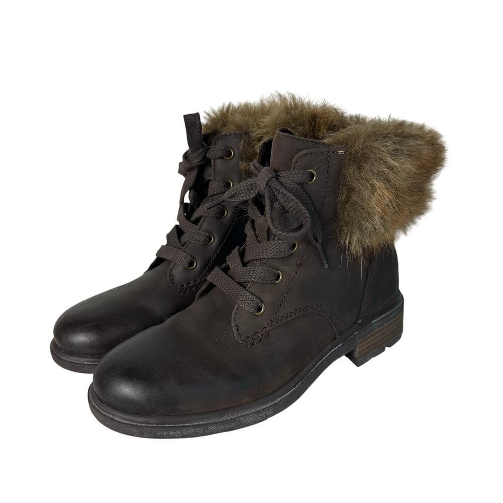 Ugg Boots Harrison Lace Tipped Ankle Combat Faux Fur Waterproof Brown 7.5